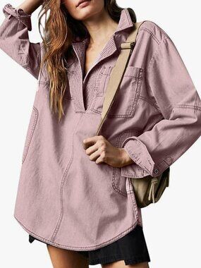 Pink Denim V Neck Pullover Top